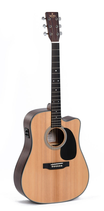 Modèle DMC-1E, Dreadnought pan coupé, table épicéa massif, f/e acajou, touche micarta, EQ Fishman, naturel brillant