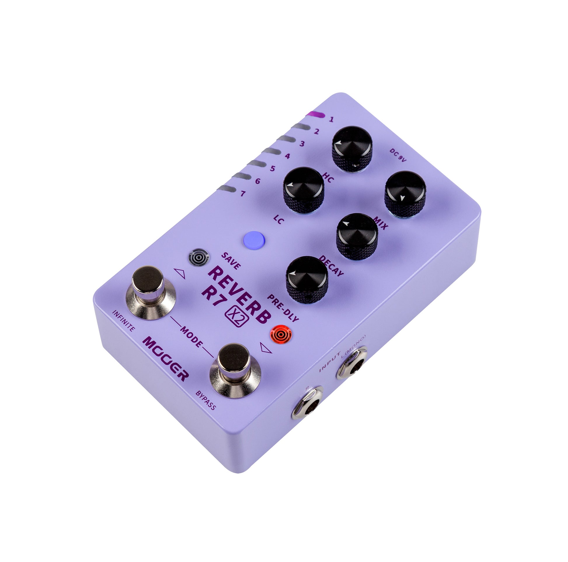 Pédale R7 REVERB X2, 14 types de réverbs numériques personnalisables, 14 presets utilisateurs, boîtier métal, violet