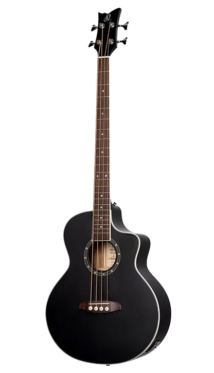 D7CE-SBK-4, basse 4 cordes, pan coupé, EQ Ortega MagusPro, table épicéa, f/e acajou, manche acajou, noir satiné