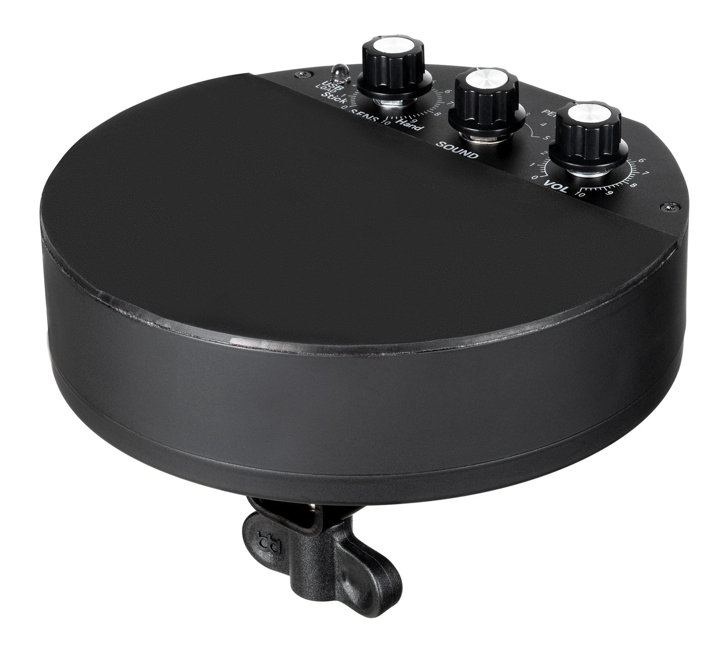 Pad de percussion compact électronique avec 5 sons différents, batterie rechargeable et adaptable à une perche de cymbale