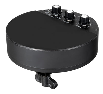 Pad de percussion compact électronique avec 5 sons différents, batterie rechargeable et adaptable à une perche de cymbale