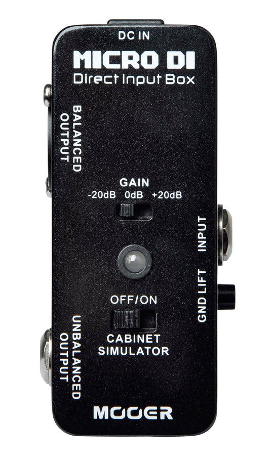 Pédale MICRO DI, boite de direct, sorties symétrique et asymétrique, switch gain, boîtier métal, true bypass, noir