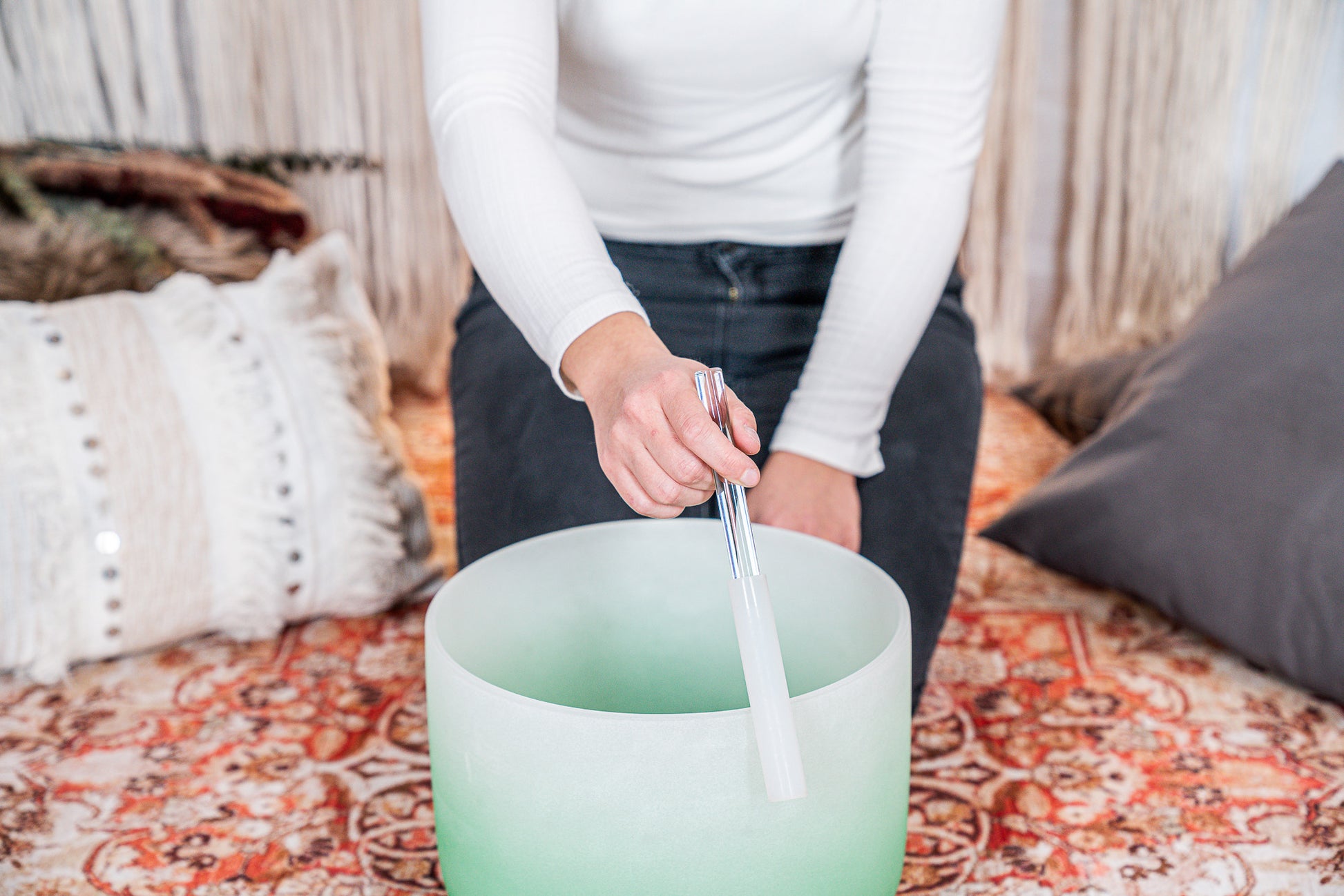 SINGING BOWL SONIC ENERGY CRISTAL 11" green, heart chakra, F4 349.23hz, quartz, couleur effet gelé