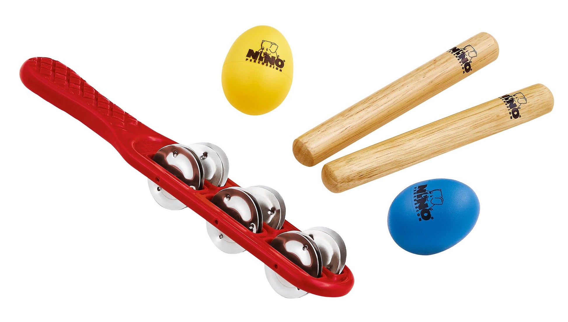 Lot de 4 petites percussions avec housse (1 paire de claves, 2 oeufs shaker, 1 jingle stick guiro)