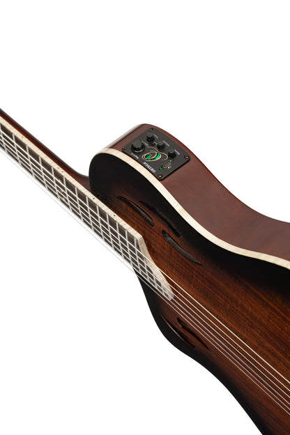 RTPDLX-ACA, modèle TourPlayer gaucher, EQ Magus X, corps okoumé, table acacia, sillet 48 mm, housse, dégradé brillant