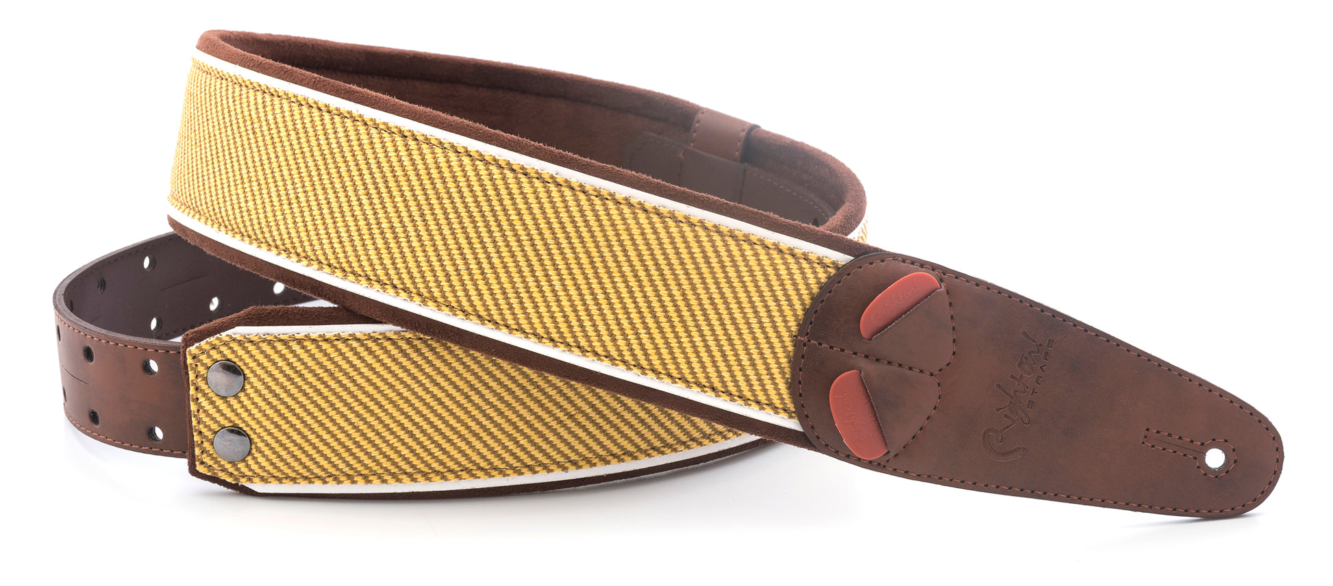 Courroie modèle TWEED, extérieur synthétique/tissu, largeur 6 cm, longueur 100 à 145 cm, porte-médiators intégré, brun