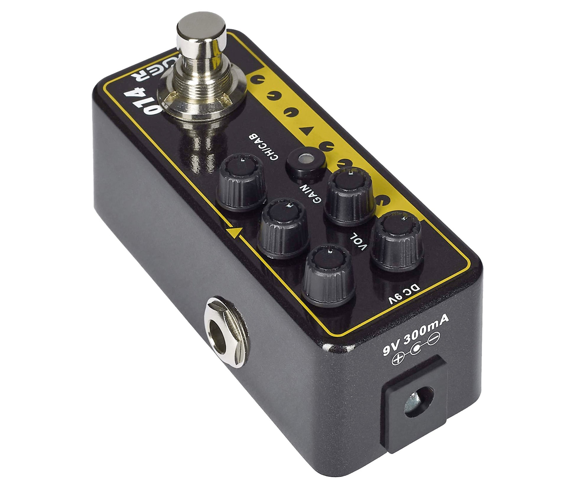 Pédale TAXIDEA TAXUS, préampli numérique type US combo, deux canaux, EQ 3 bandes par canal, noir et jaune