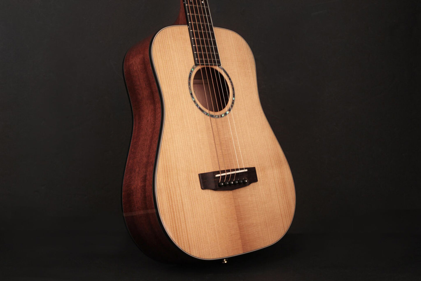 GOLD-MINI-F, forme Dreadnought 3/4, table épicéa massif torréfié, f/e acajou massif, EQ Fishman Flex Plus, naturel brillant