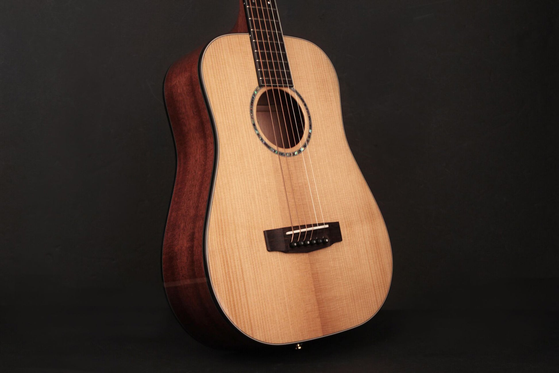 GOLD-MINI-F, forme Dreadnought 3/4, table épicéa massif torréfié, f/e acajou massif, EQ Fishman Flex Plus, naturel brillant