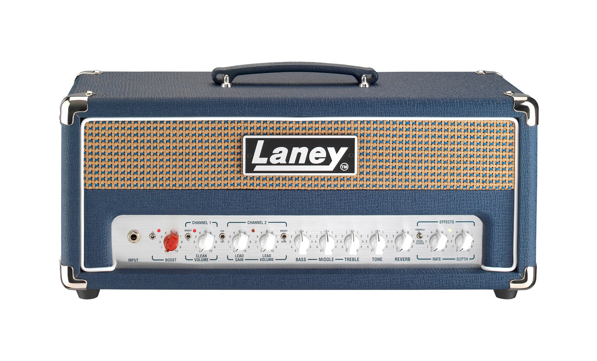 Tête guitare électrique 120W, 2 canaux, EQ 3 bandes, réverb, tremolo, chorus, boucle d'effet, 7 kg, bleu