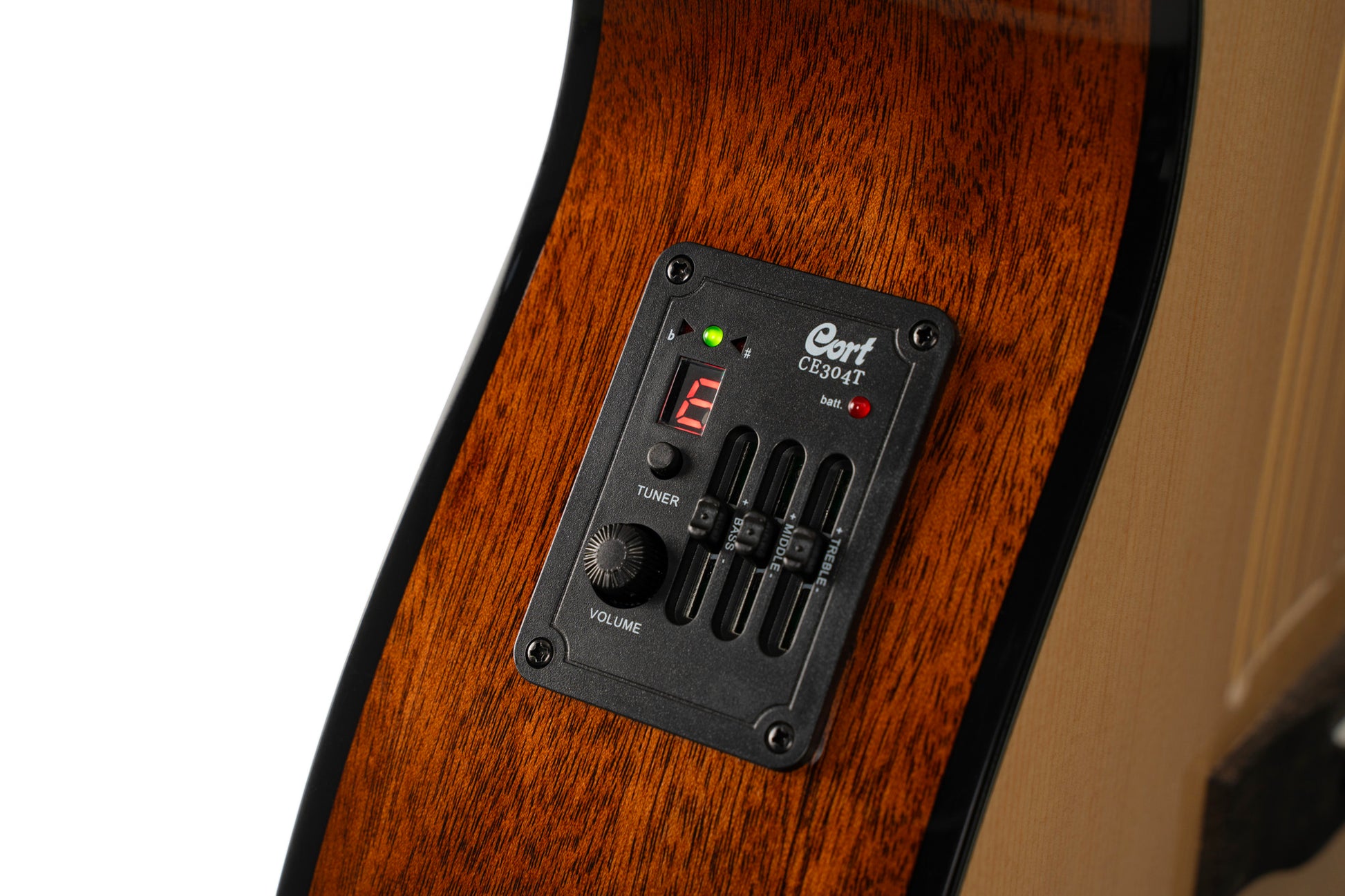 L60, forme Orchestra Model, pan coupé, table épicéa massif, fond & éclisses acajou, touche laurier, EQ CE304T, naturel brillant