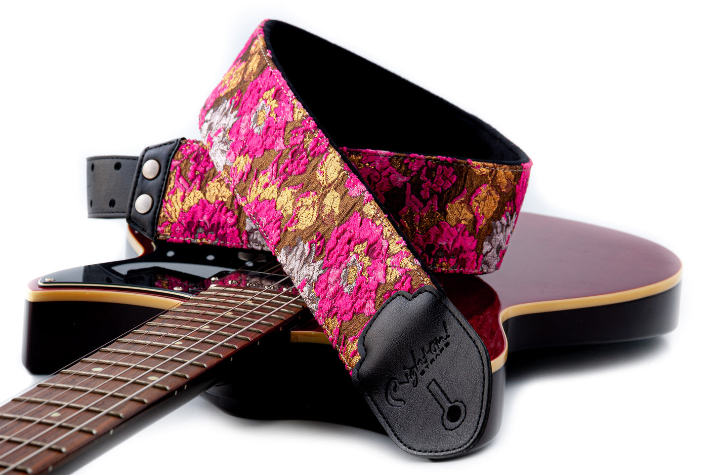 Courroie modèle GOLD & ROSES, extérieur synthétique et tissu, largeur 7 cm, longueur 95 à 150 cm, porte-médiators, rose