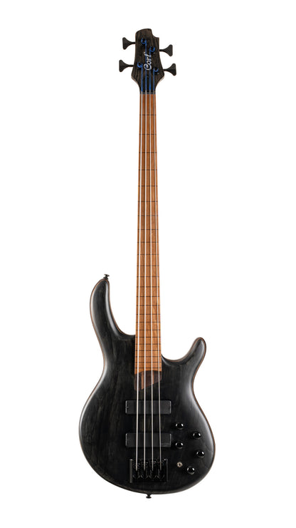 B4 Element FL, fretless, corps acajou, table frêne, touche érable torréfié, micros & préampli Bartolini MK-1, noir pores ouverts