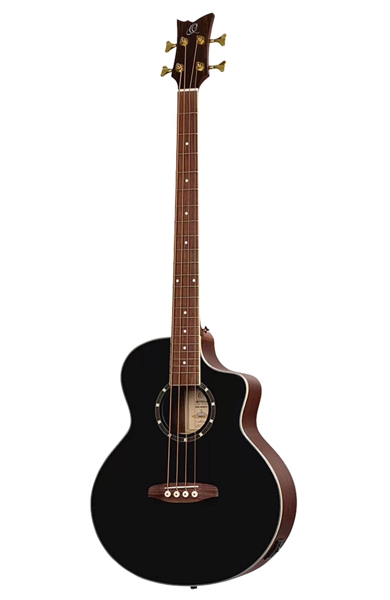 D8CE-4, basse 4 cordes, pan coupé, EQ Ortega MagusPro, table épicéa, f/e acajou, manche acajou, noir brillant