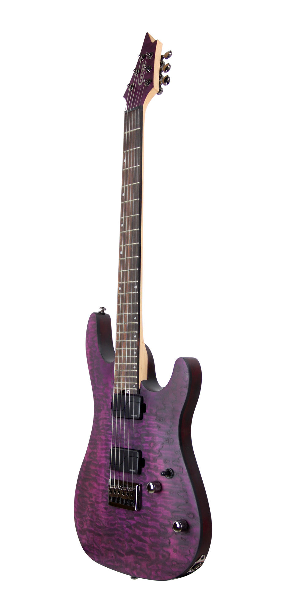 KX500 ETCHED, 6 cordes, corps acajou, table frêne sablée, touche ébène, 2 micros doubles Fishman Fluence, violet foncé sablé