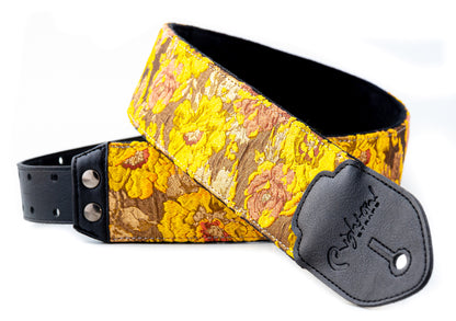 Courroie modèle GOLD & ROSES, extérieur synthétique et tissu, largeur 7 cm, longueur 95 à 150 cm, porte-médiators, orange