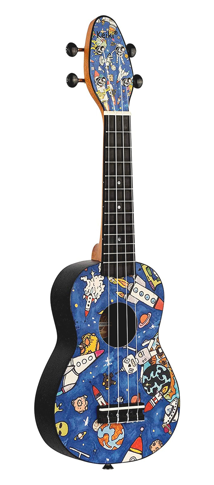 K2-SP, pack ukulélé Soprano, table agathis design"Spaceman", corps ABS légèrement galbé, manche okoumé, 12 frettes, accessoires