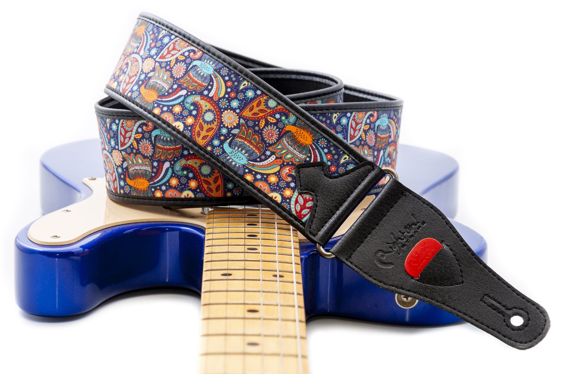 Courroie modèle KASHMIR BLEU, tissu, extrémités synthétique, largeur 6 cm, longueur 90 à 150 cm, porte-médiators intégré, unic
