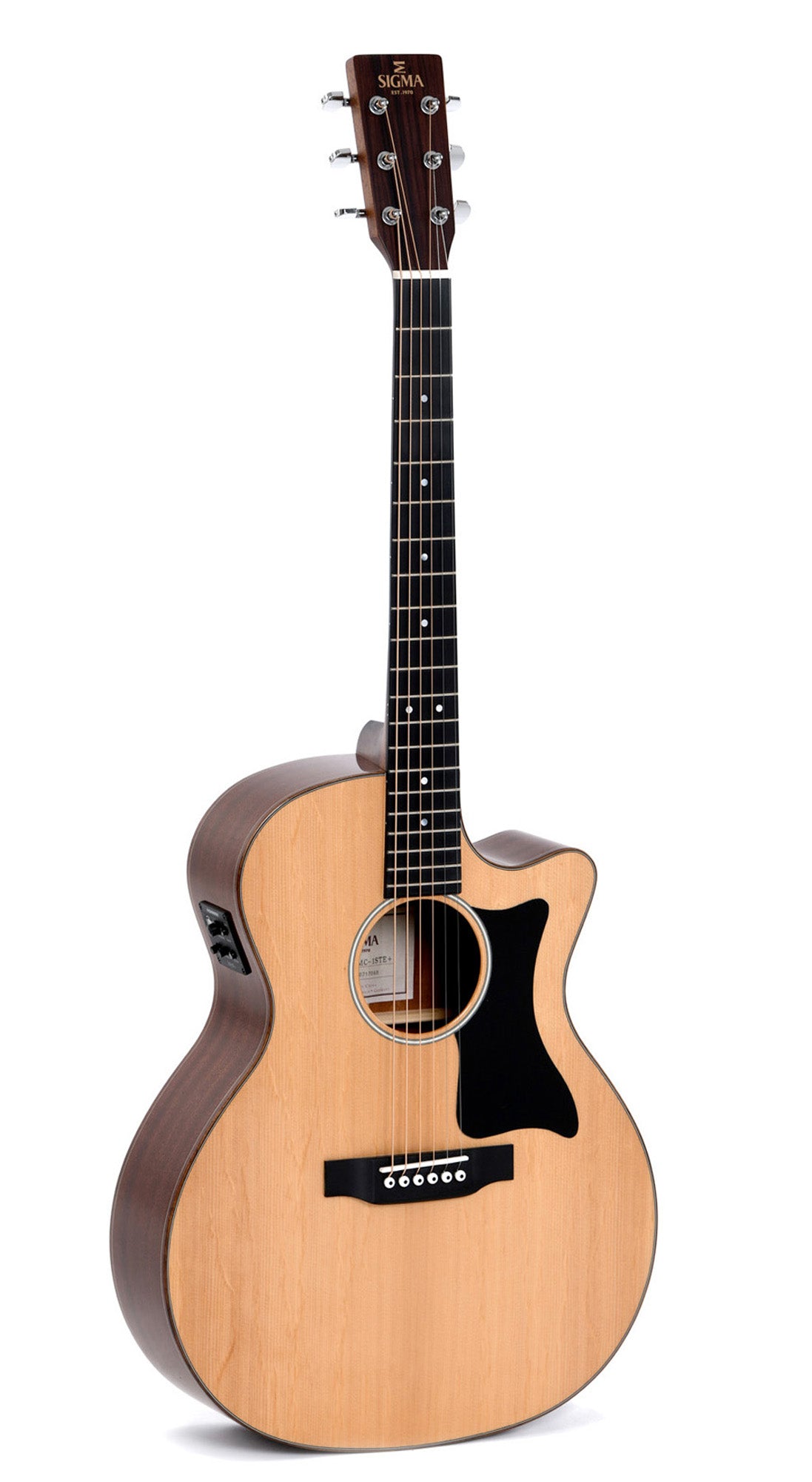 Modèle GMC-1E, Grand OM pan coupé, table épicéa massif, f/e acajou, touche micarta, EQ Fishman, naturel brillant