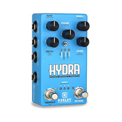 Pédale HYDRA, réverb et trémolo stéréo, 3 presets, tap tempo, entrée pour pédale d'expression, boitier métal, bleu