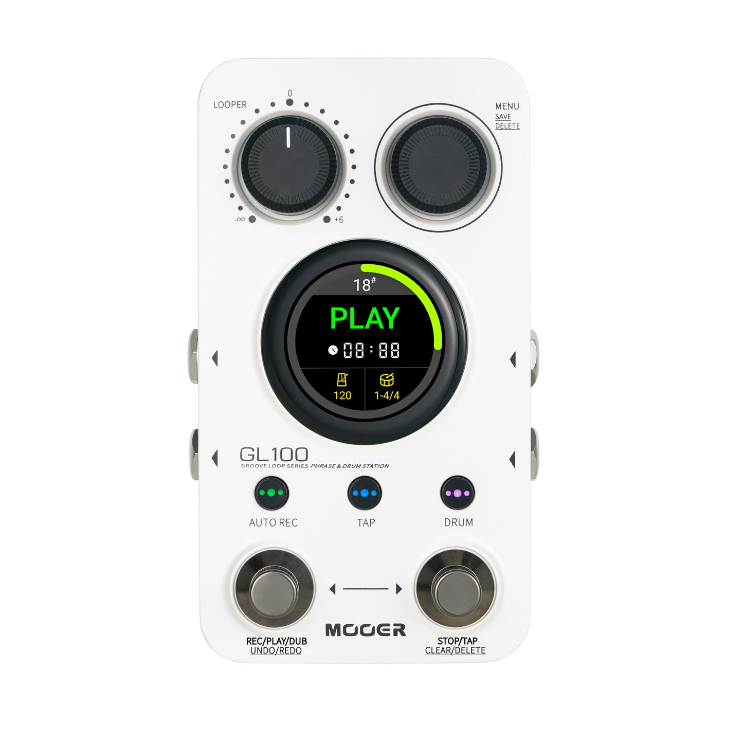 Pédale Mooer GL100, looper stéréo et boîte à rythmes, jusqu'à 300 minutes d'enregistrement, blanc