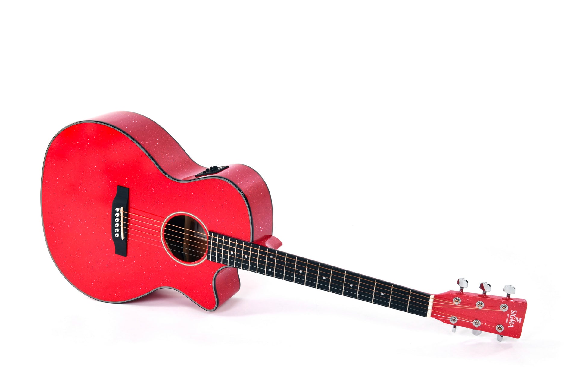 Modèle GMC-1E, Grand OM pan coupé, table épicéa massif, f/e acajou, touche micarta, EQ Fishman, rouge pailleté