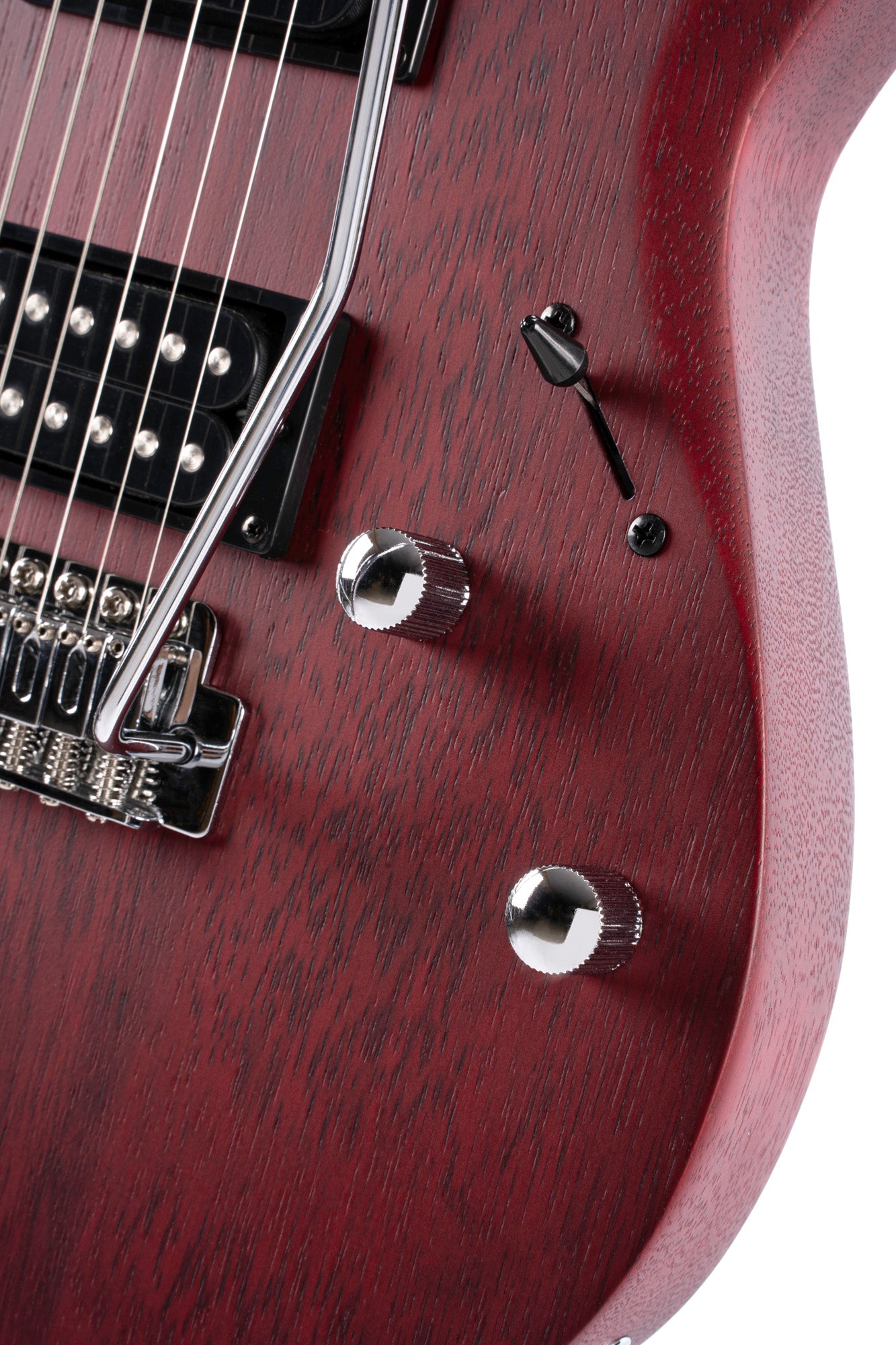 X100, corps meranti, manche érable, touche jatoba, trémolo 6 points, 2 doubles Powersound, black cherry pores ouverts