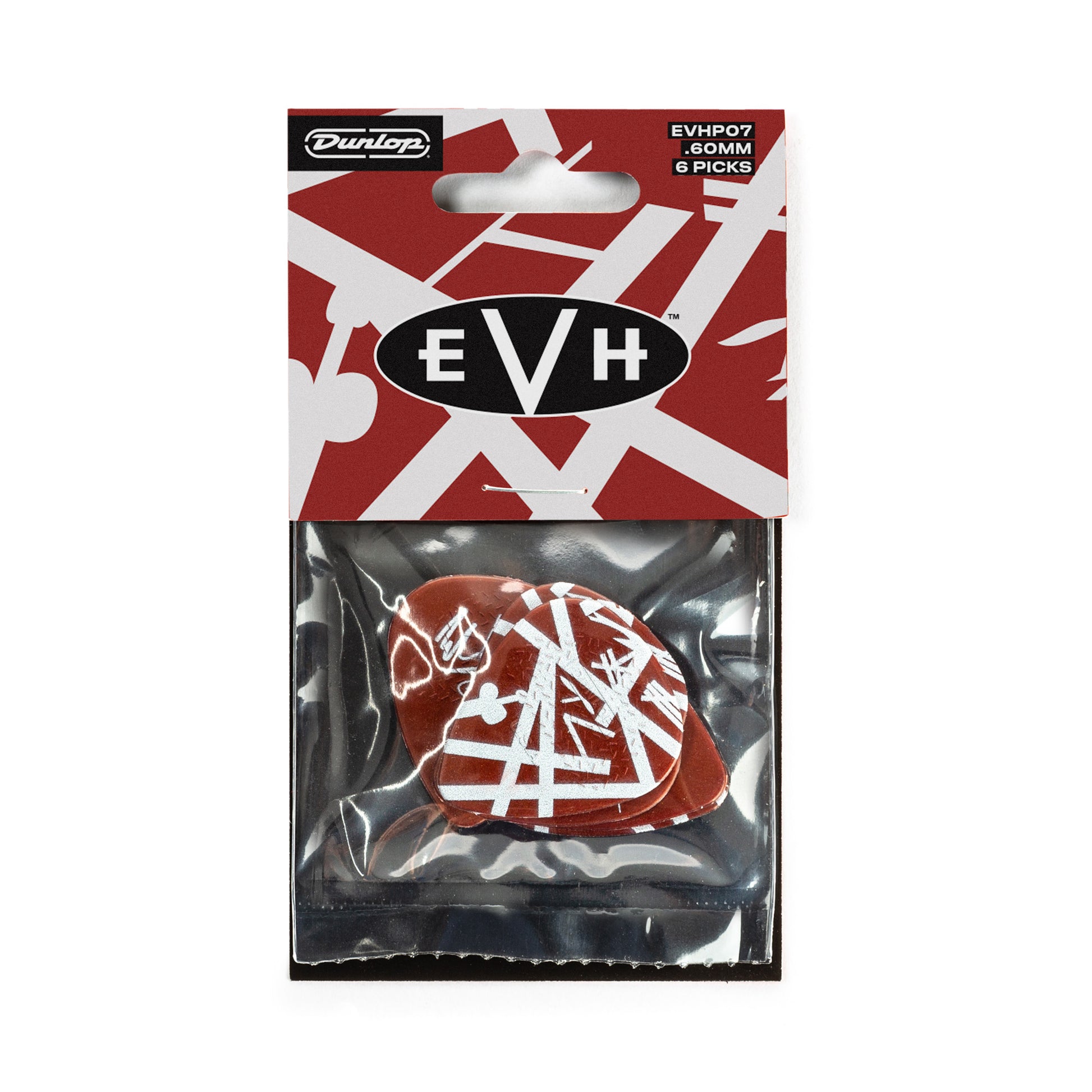 Sachet de 6 médiators EVH SHARK GUITAR MAX-GRIP Nylon 0.60 mm (graphisme rouge à bandes blanches)