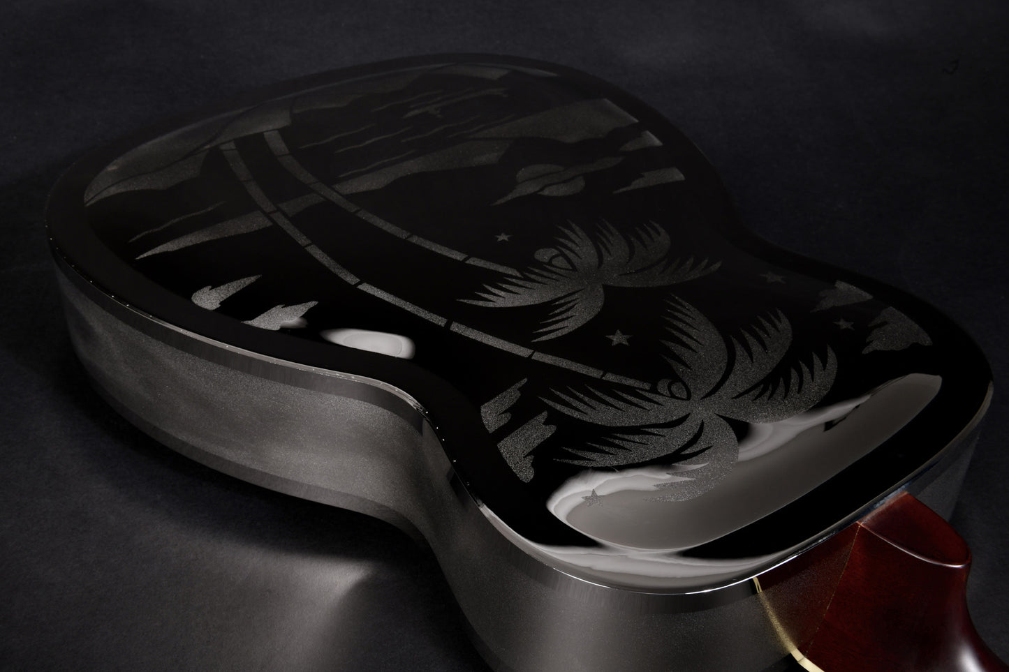 JR-998, corps en laiton, manche acajou, touche palissandre, micro simple, nickel brillant avec palmiers.