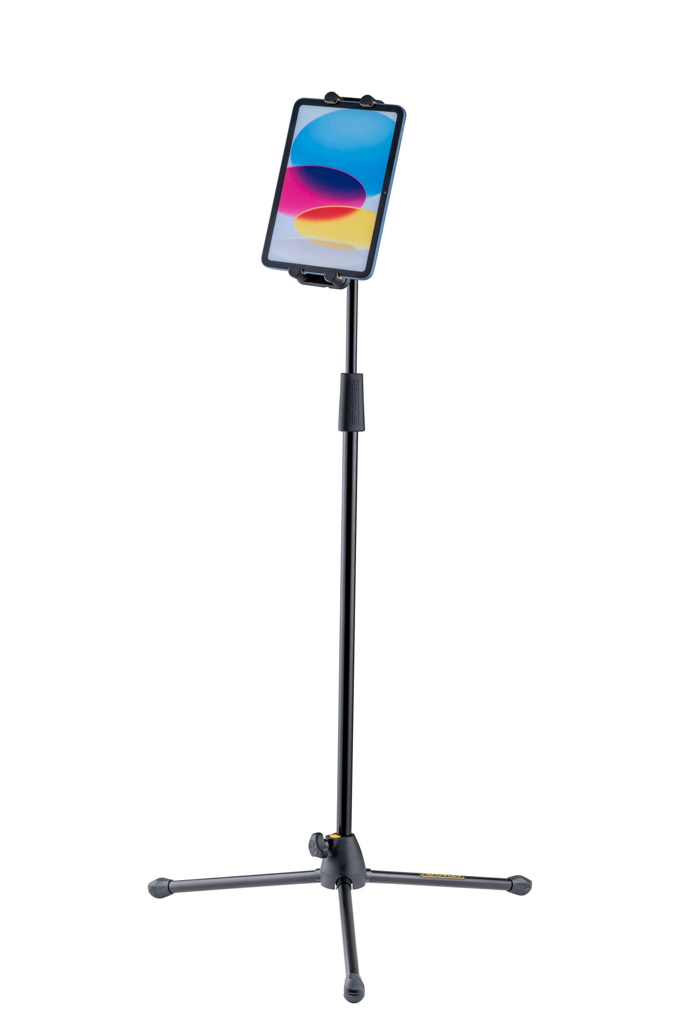 Pied pour tablette et smartphone 6,1" à 13", hauteur réglable 108 à 178 cm, rotation 360°, noir et jaune