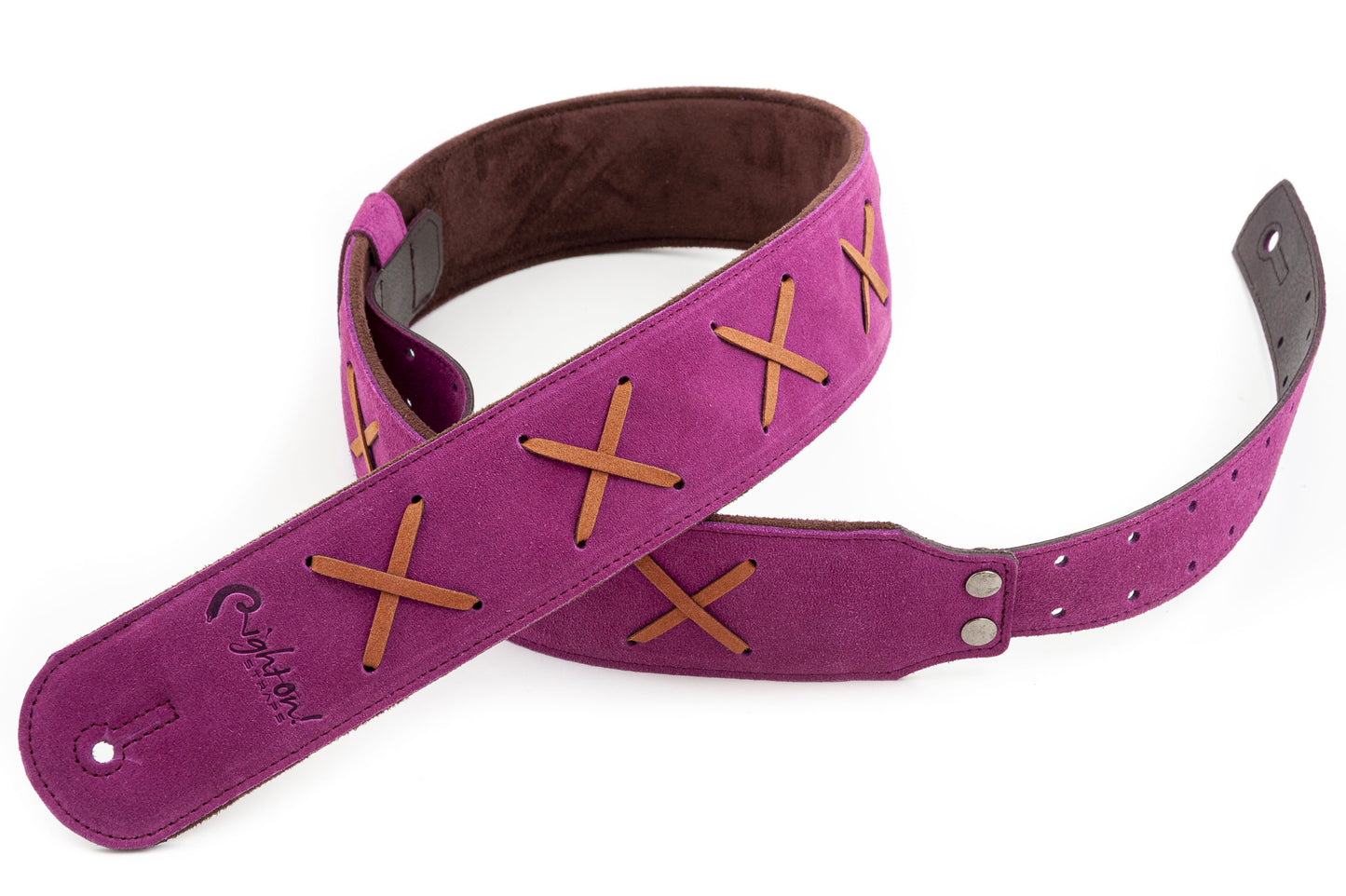 Courroie modèle LEGEND DG, cuir haute qualité, largeur 6 cm, longueur 100 à 145 cm, porte-médiators intégré, violet