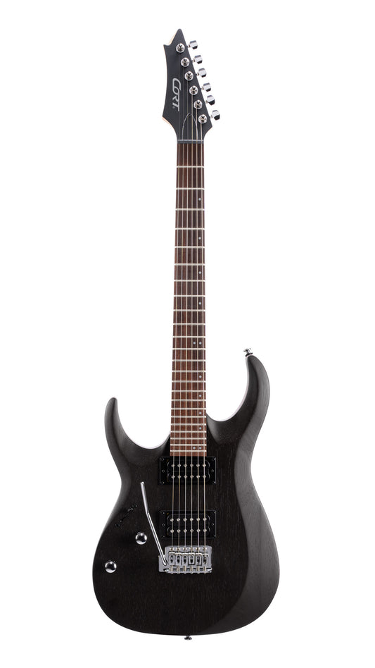 X100, corps meranti, manche érable, touche jatoba, trémolo 6 points, 2 doubles Powersound, noir pores ouverts, modèle gaucher