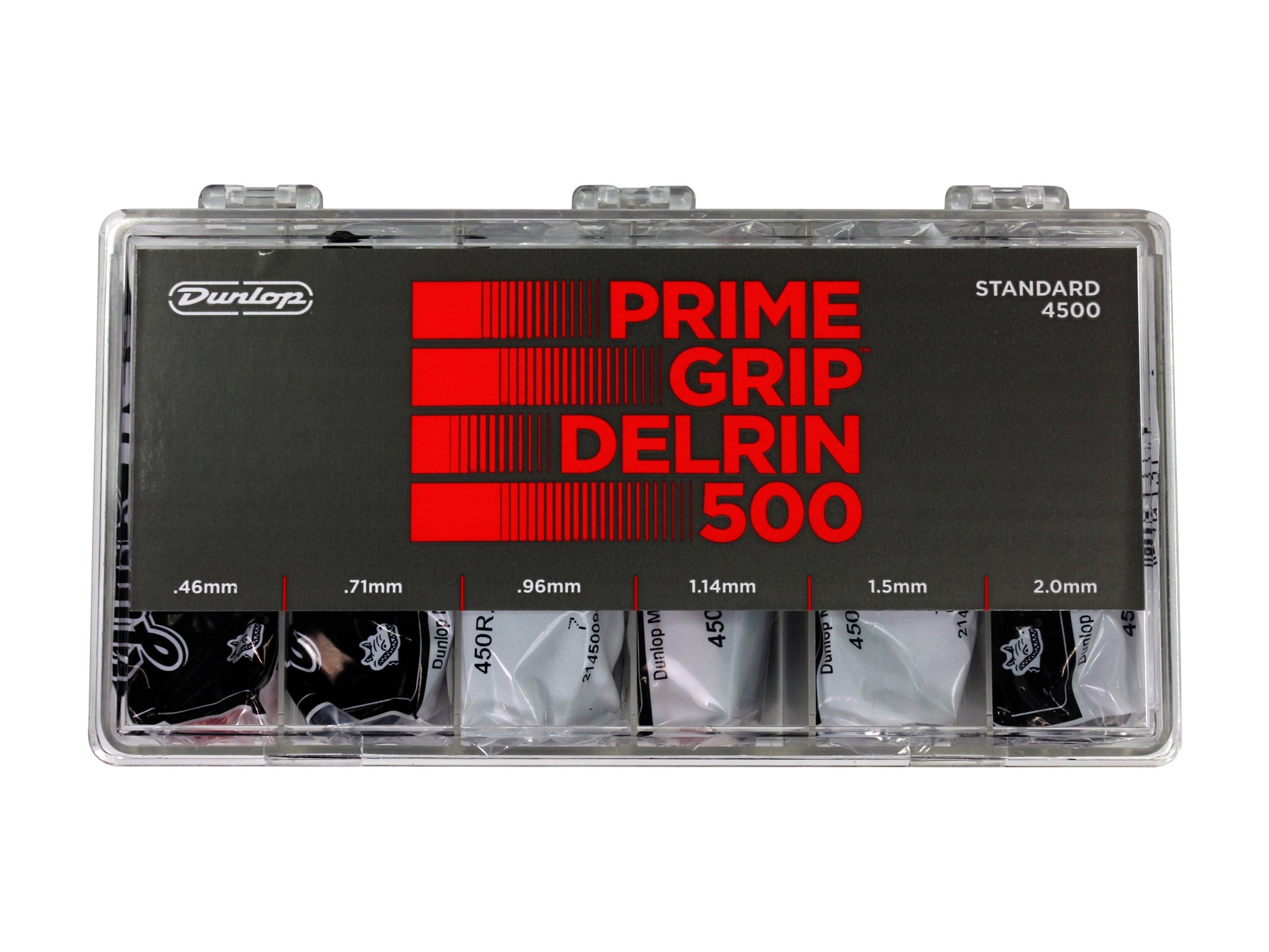 Boîte de 324 médiators Prime Grip DELRIN 500, 72 de chaque en 0.46, 0.71 et 0.96, 36 de chaque en 1.14, 1.5 et 2.0 mm