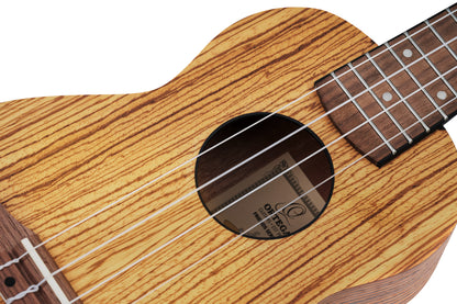 RFU10Z, modèle Soprano, table zebrawood, fond & éclisses zebrawood, manche acajou, housse, naturel satiné