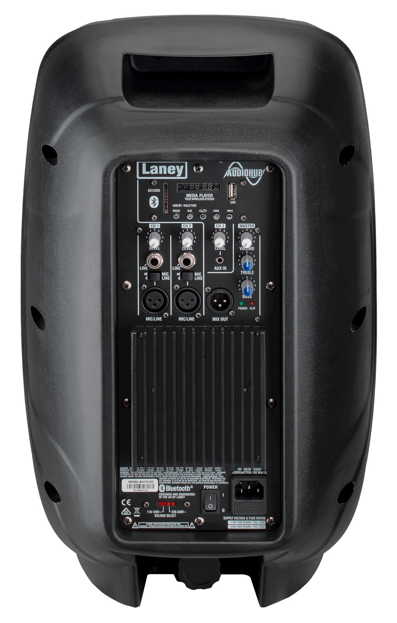 Enceinte polyvalente AH110-G2, 400W, HP 10" + compression 1", 3 canaux, lecteur média SD/USB/BLUETOOTH, 11.5 kg, noir