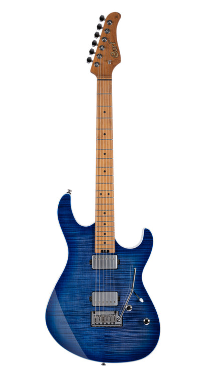 G290 FAT II, corps sassafras, table érable flammé, manche et touche érable torréfié, 2 micros Voiced Tone VTH-77, blue burst