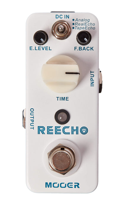Pédale REECHO, délai numérique à 3 modes (Analog/Real Echo/Tape echo), boîtier métal, true bypass, blanc