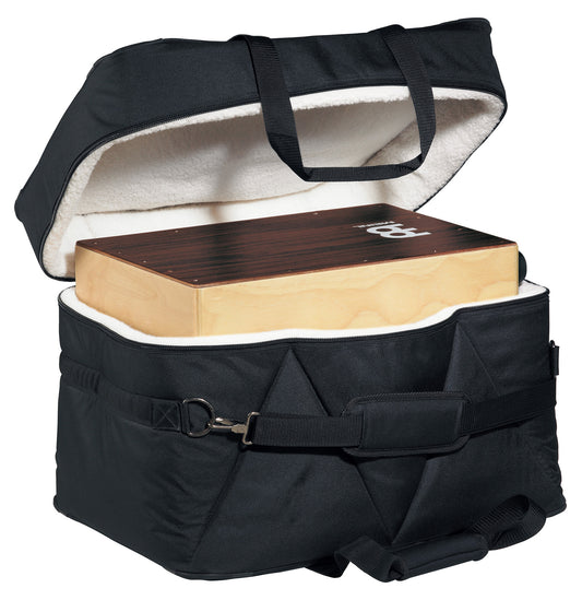 Housse cajon luxe large, nylon rembourré 20 mm, fourrure synthétique, poignée, sangle rembourrée, 60x43x38cm, noir