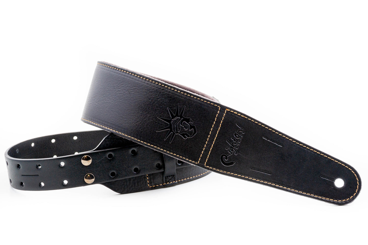 Courroie modèle BACKBEAT LIBERTY, extérieur cuir, largeur 6 cm, longueur 95 à 150 cm, porte-médiators intégré, noir