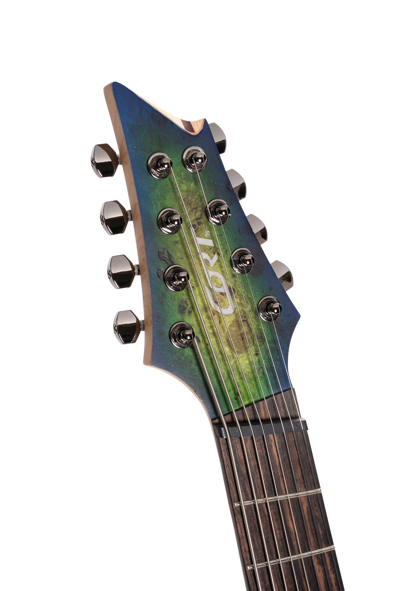 KX508MS2, 8 cordes, corps okoumé, table peuplier figuré, frettes en éventail, touche ébène, micros Fishman, mariana blue burst