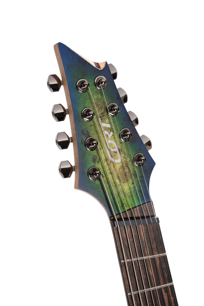 KX508MS2, 8 cordes, corps okoumé, table peuplier figuré, frettes en éventail, touche ébène, micros Fishman, mariana blue burst