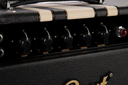 Tête à lampes 15W, préampli 3 x 12AX7, ampli 2 x EL84, égalisation 3 bandes, boucle d'effet, poids: 9.7 kg, noir