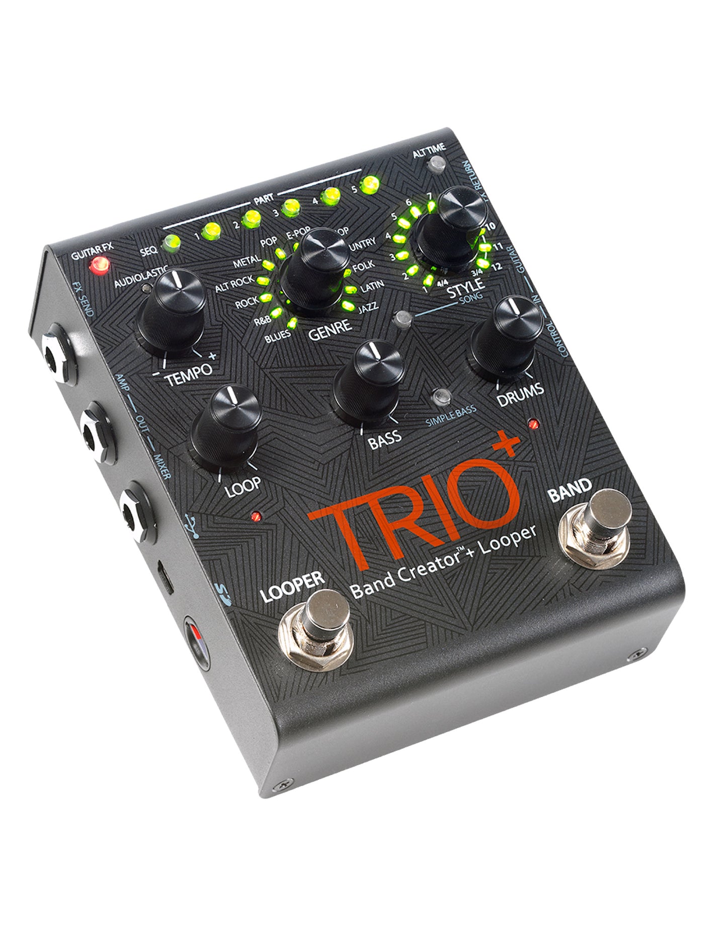 Pédale TRIO PLUS, Band Creator et looper, 12 genres musicaux avec 12 styles sélectionnables, avec carte SD et alimentation, noir