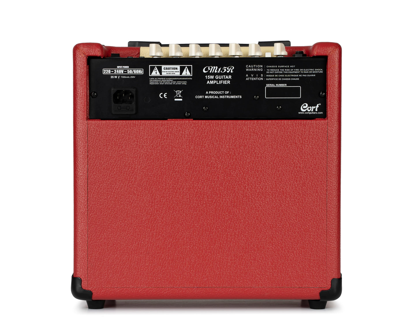 Ampli guitare 15W, 1 x 8", 2 canaux, égaliseur 3 bandes, réverb, entrée CD/MP3 mini-Jack, sortie casque mini-Jack, rouge