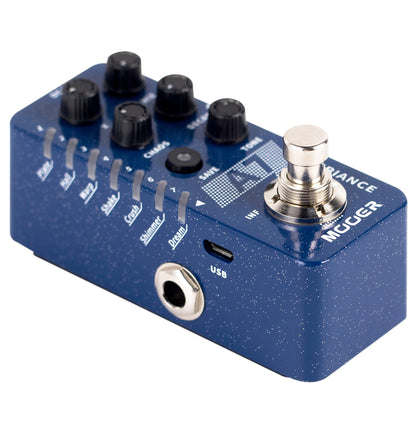 Pédale A7 AMBIANCE, 7 types de réverbs personnalisables, tap tempo, 7 presets utilisateurs, boîtier métal, bleu