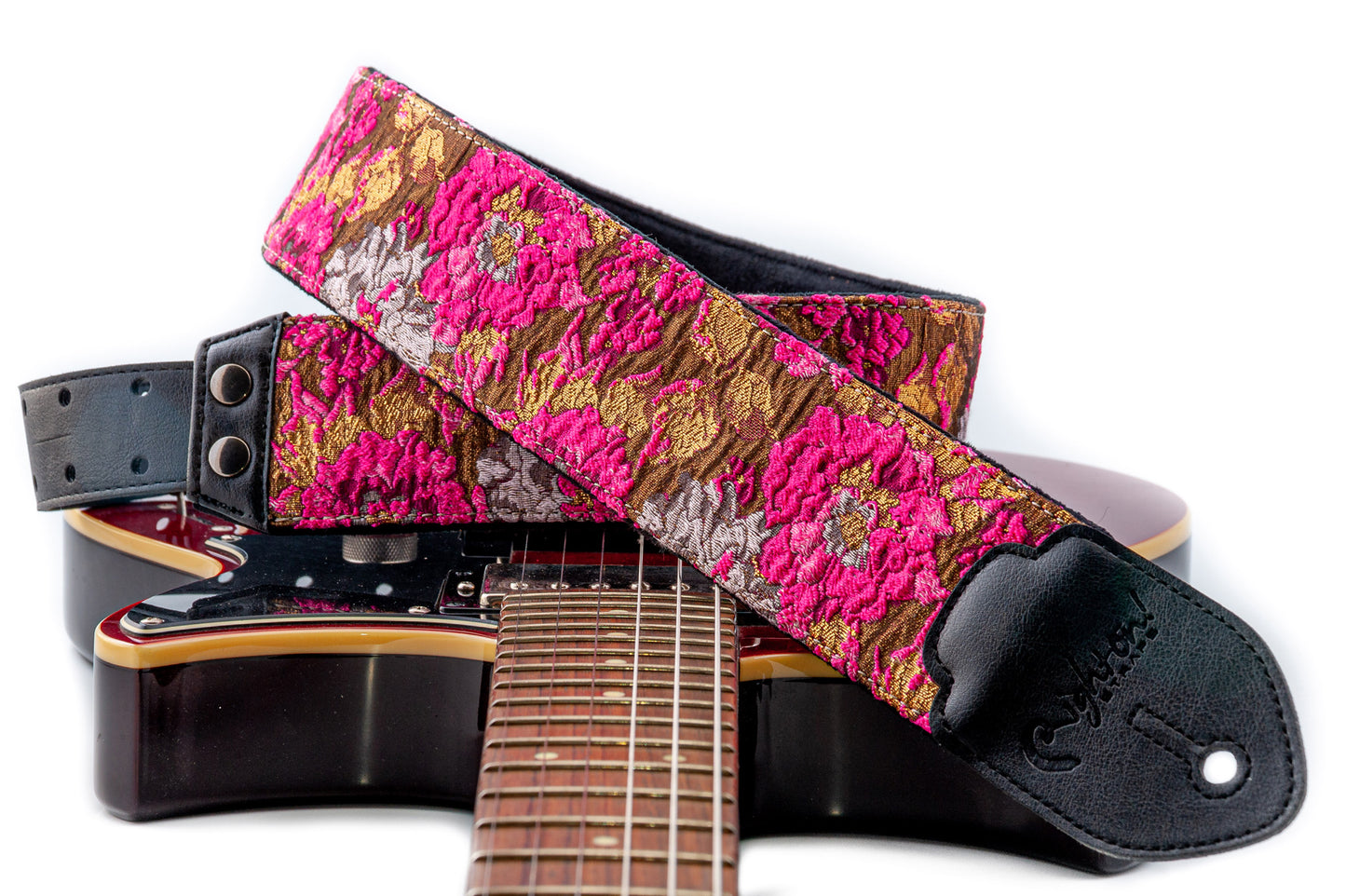 Courroie modèle GOLD & ROSES, extérieur synthétique et tissu, largeur 7 cm, longueur 95 à 150 cm, porte-médiators, rose