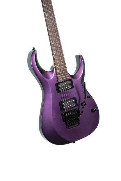 X300, corps tilleul, manche érable, touche palissandre, vibrato Floyd Rose, 2 micros EMG RetroActive Hot70, flip purple