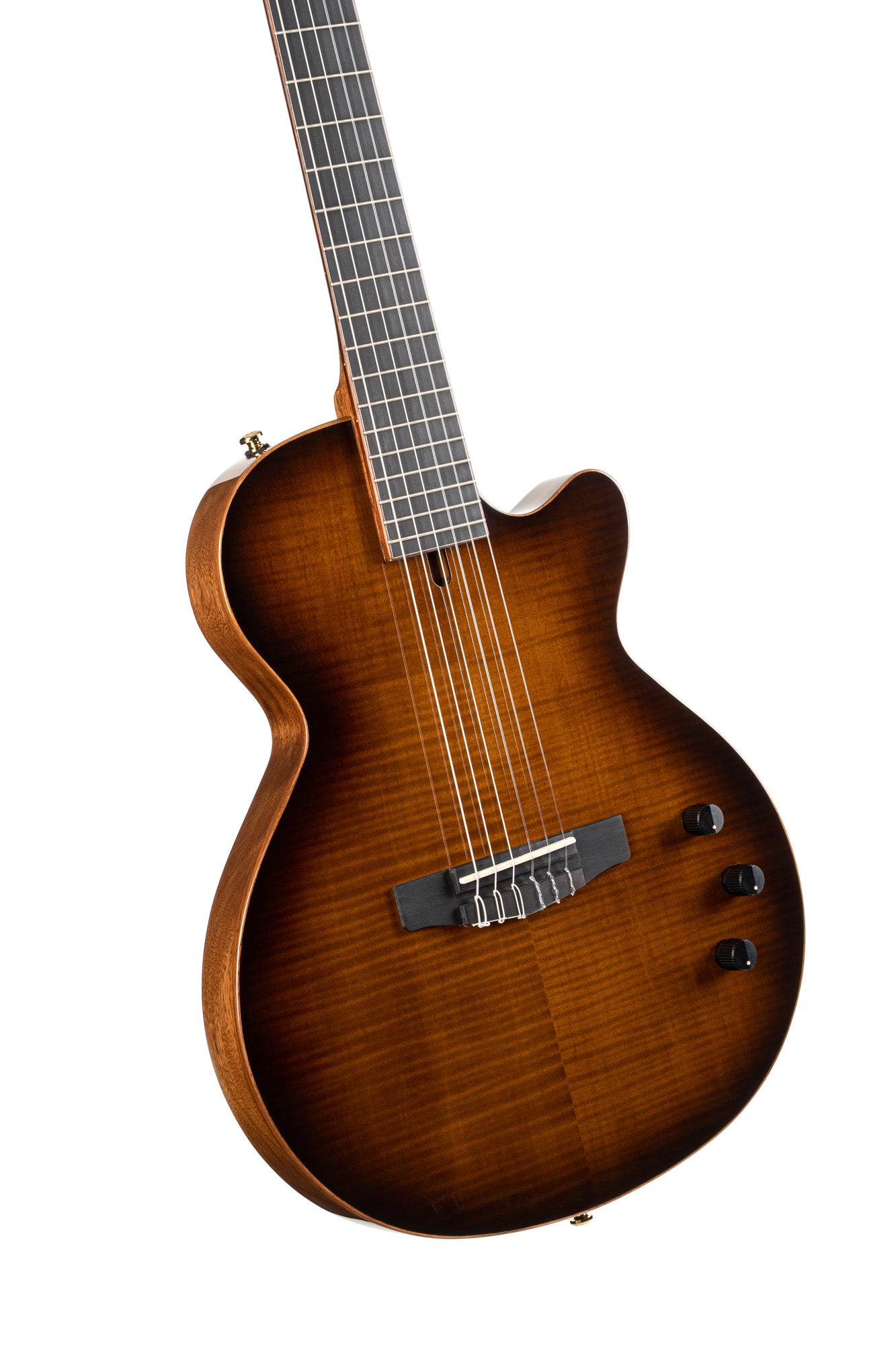 SUNSET NYLECTRIC DLX, table épicéa avec placage érable flammé, corps acajou chambré, EQ Fishman VTB, housse, tobacco sunburst