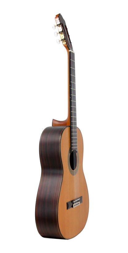 MOD.7, table cèdre massif, fond & éclisses palissandre, touche palissandre, satiné, table brillante