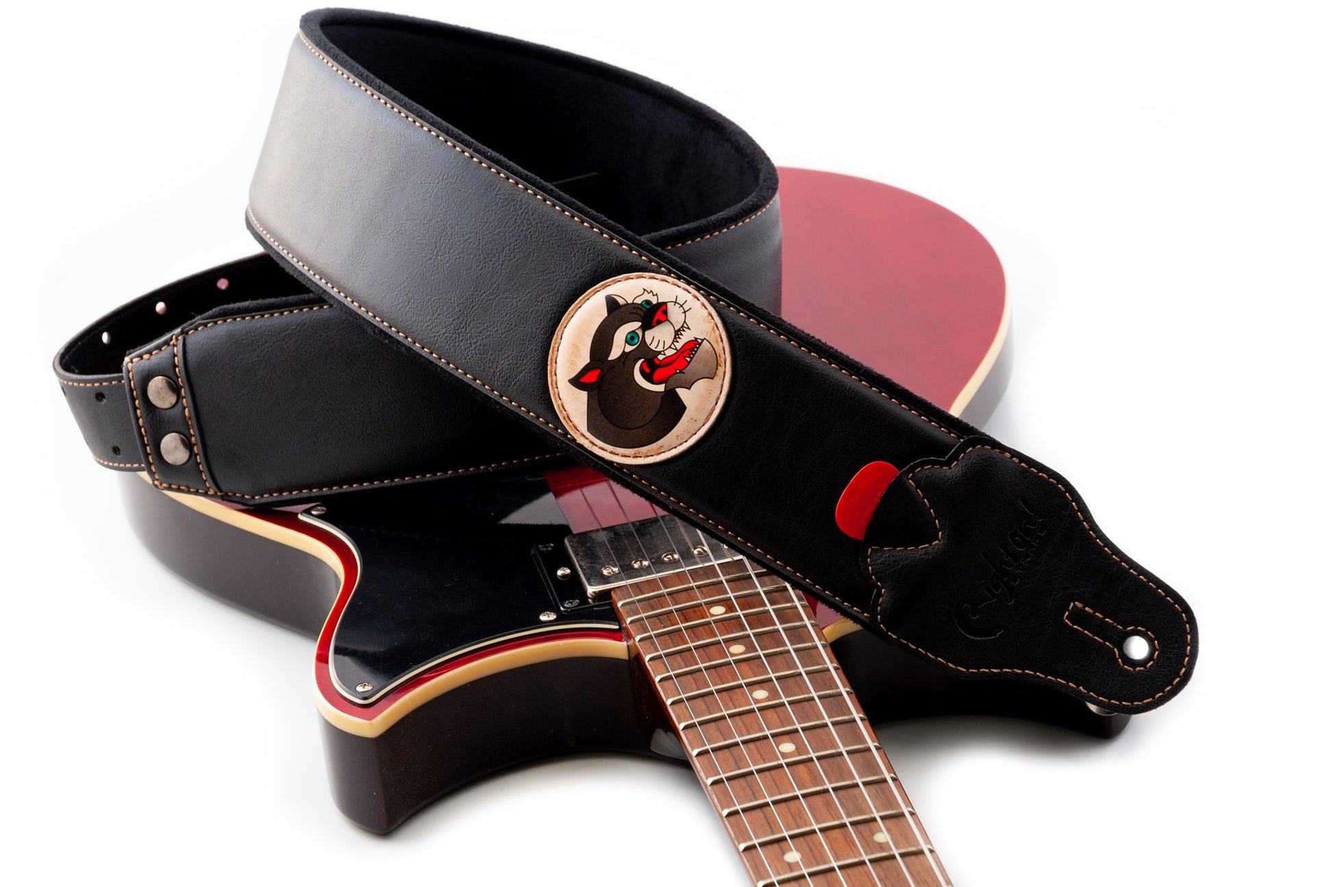 Courroie modèle TATOO PANTHER, extérieur synthétique, largeur 7 cm, longueur 98 à 153 cm, porte-médiators intégré, noir